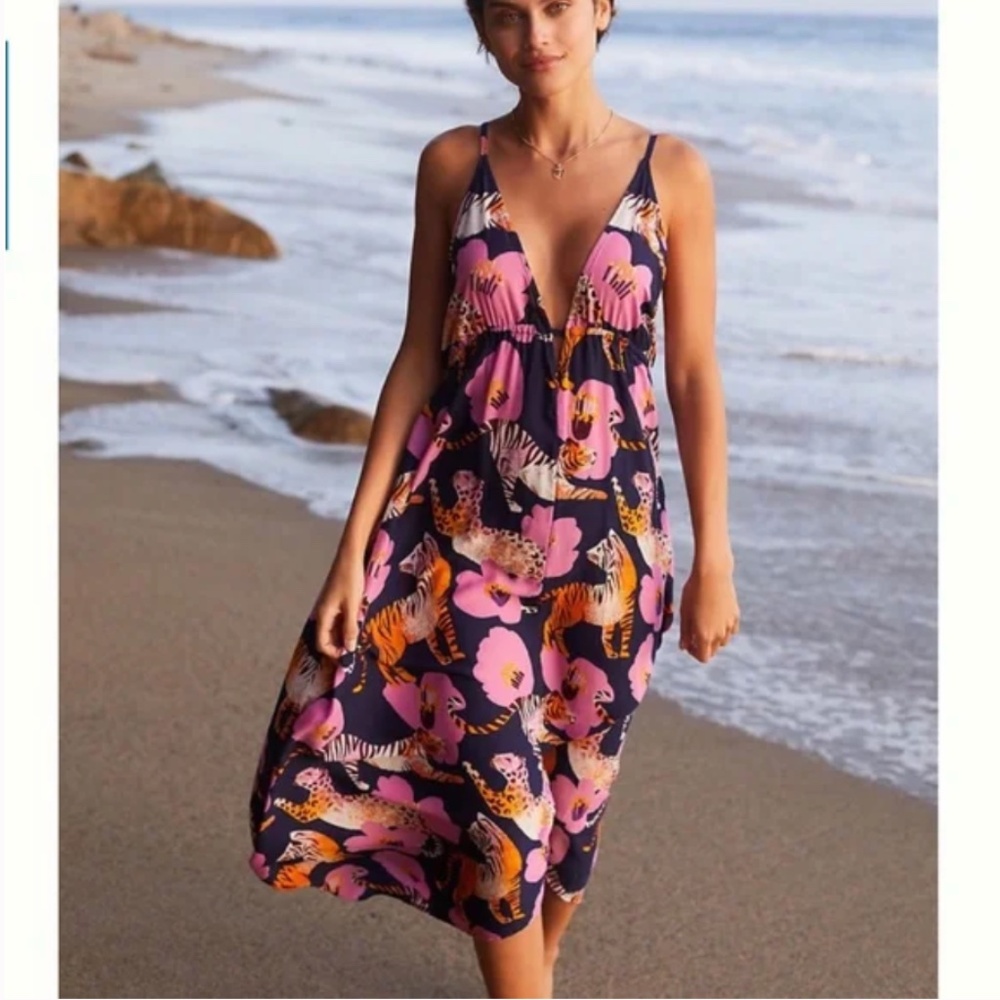 Claire Colin Tiger Floral Boho Beach Peasant Hipster Hippie Art Hip Midi Dress